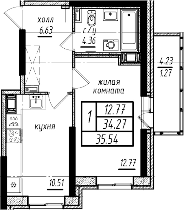 1-комнатная квартира 35.54 м², 2/25 эт., ЖК «Северная Долина»